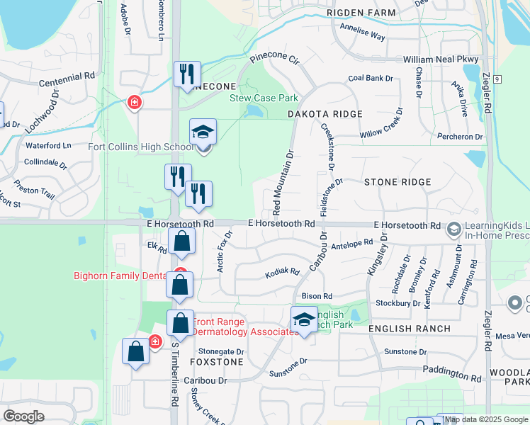 map of restaurants, bars, coffee shops, grocery stores, and more near 2343 Pike Circle South in Fort Collins