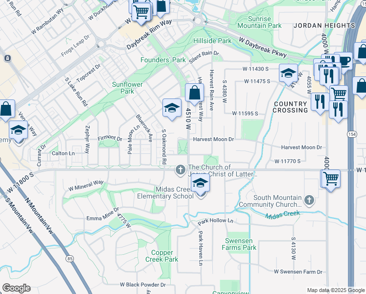 map of restaurants, bars, coffee shops, grocery stores, and more near 4526 Harvest Sun Lane in South Jordan