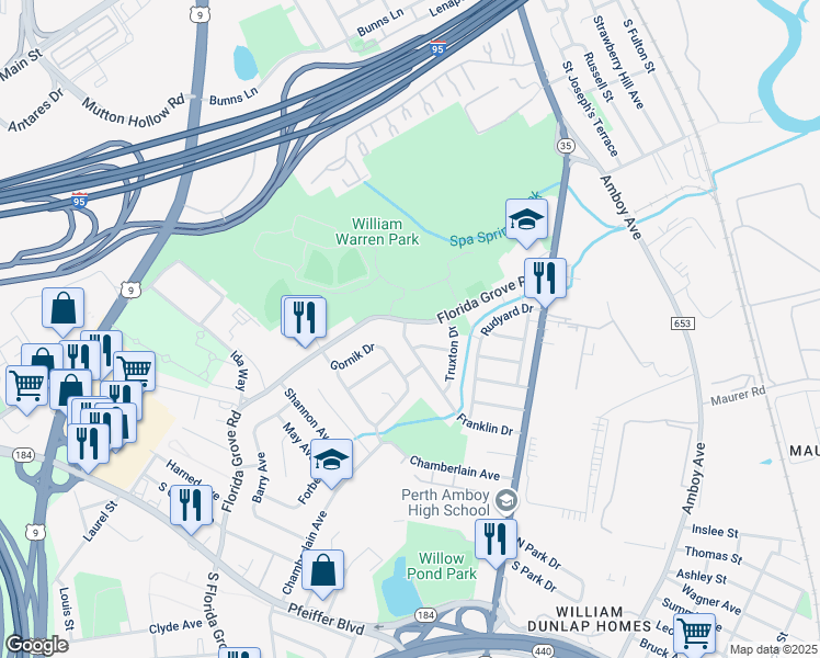 map of restaurants, bars, coffee shops, grocery stores, and more near 736 Franklin Drive in Perth Amboy