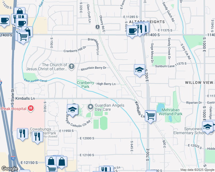 map of restaurants, bars, coffee shops, grocery stores, and more near 494 High Berry Lane in Draper
