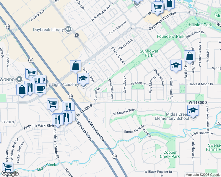 map of restaurants, bars, coffee shops, grocery stores, and more near 11686 Grandville Avenue in South Jordan