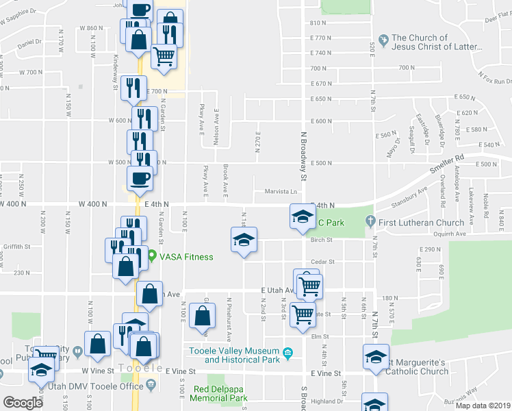 map of restaurants, bars, coffee shops, grocery stores, and more near 252 East 400 North in Tooele