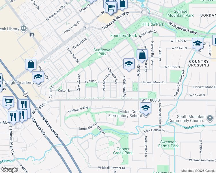map of restaurants, bars, coffee shops, grocery stores, and more near 11718 Sun Tea Way in South Jordan