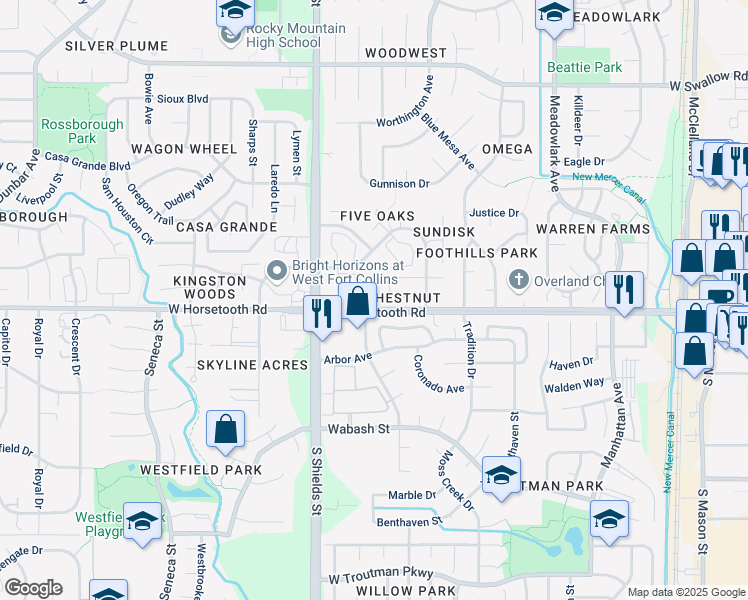 map of restaurants, bars, coffee shops, grocery stores, and more near 970 West Horsetooth Road in Fort Collins