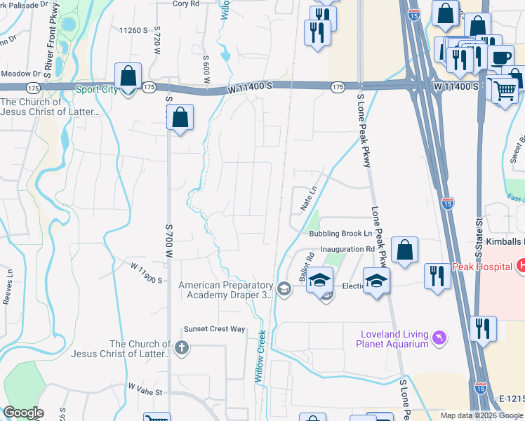 map of restaurants, bars, coffee shops, grocery stores, and more near 11718 South Halls Creek Road in Draper