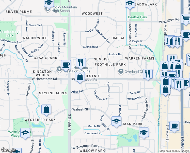 map of restaurants, bars, coffee shops, grocery stores, and more near 3565 Windmill Drive in Fort Collins