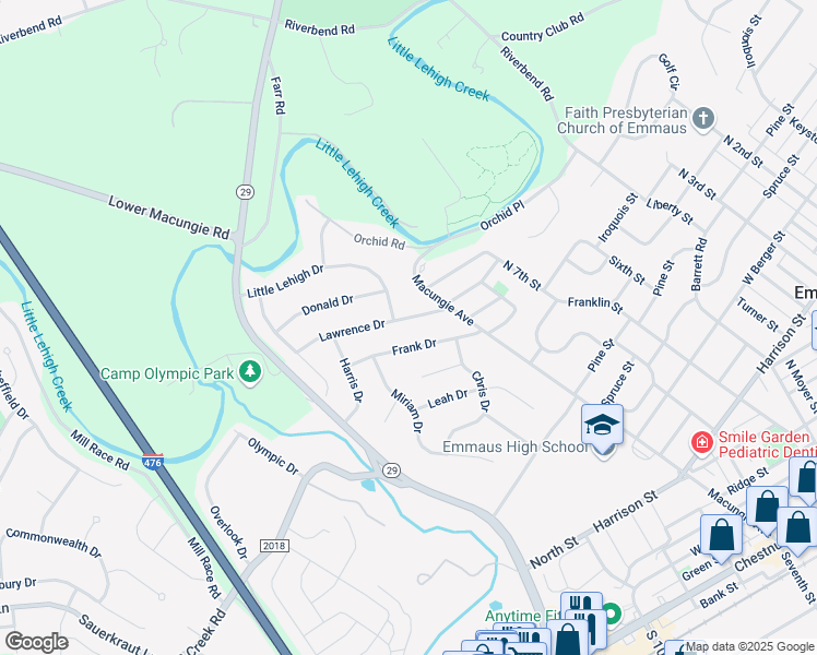map of restaurants, bars, coffee shops, grocery stores, and more near 833 Lawrence Drive in Emmaus