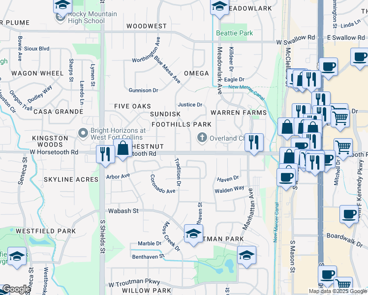 map of restaurants, bars, coffee shops, grocery stores, and more near 700 Colony Court in Fort Collins