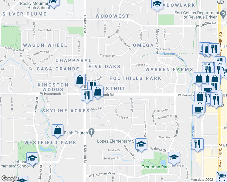 map of restaurants, bars, coffee shops, grocery stores, and more near 3565 Windmill Drive in Fort Collins
