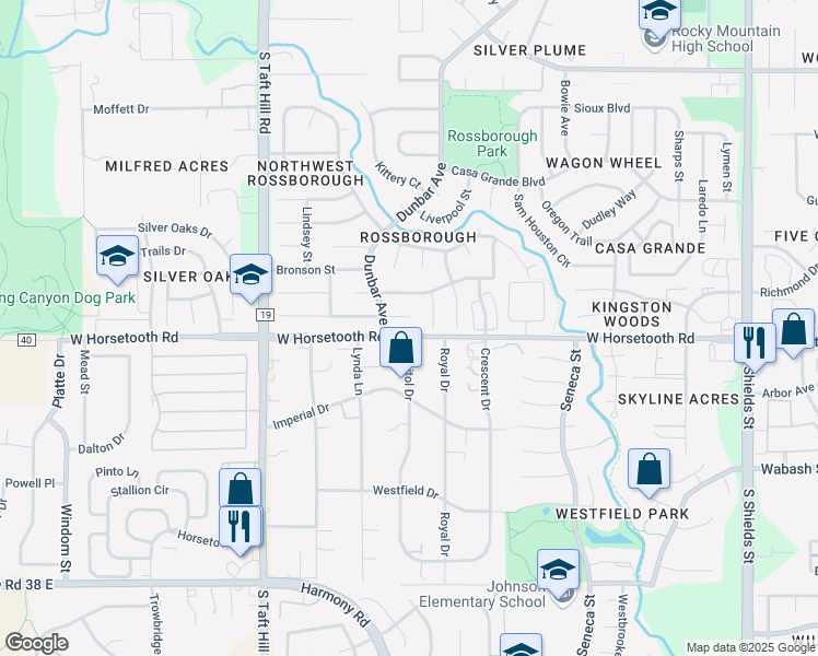 map of restaurants, bars, coffee shops, grocery stores, and more near 1808 Churchill Court in Fort Collins