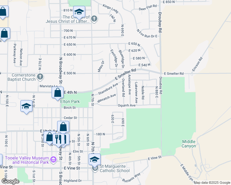 map of restaurants, bars, coffee shops, grocery stores, and more near 608 Stansbury Avenue in Tooele
