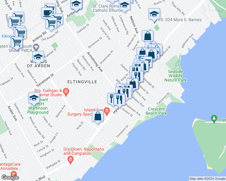 map of restaurants, bars, coffee shops, grocery stores, and more near 214 Armstrong Avenue in Staten Island