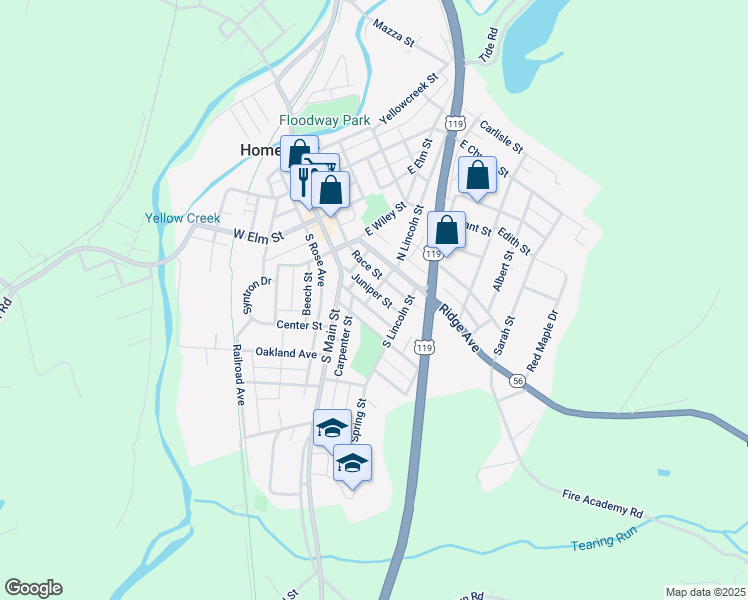 map of restaurants, bars, coffee shops, grocery stores, and more near 50 Juniper Street in Homer City