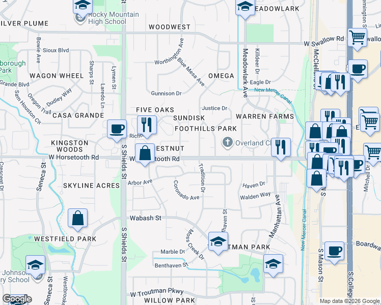 map of restaurants, bars, coffee shops, grocery stores, and more near 3555 Tradition Drive in Fort Collins
