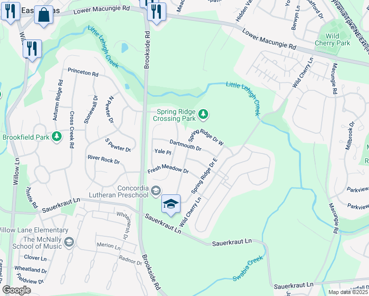 map of restaurants, bars, coffee shops, grocery stores, and more near 5550 Spring Ridge Drive West in Macungie