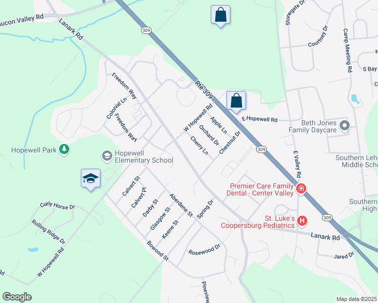 map of restaurants, bars, coffee shops, grocery stores, and more near 4805 Lanark Rd in Center Valley
