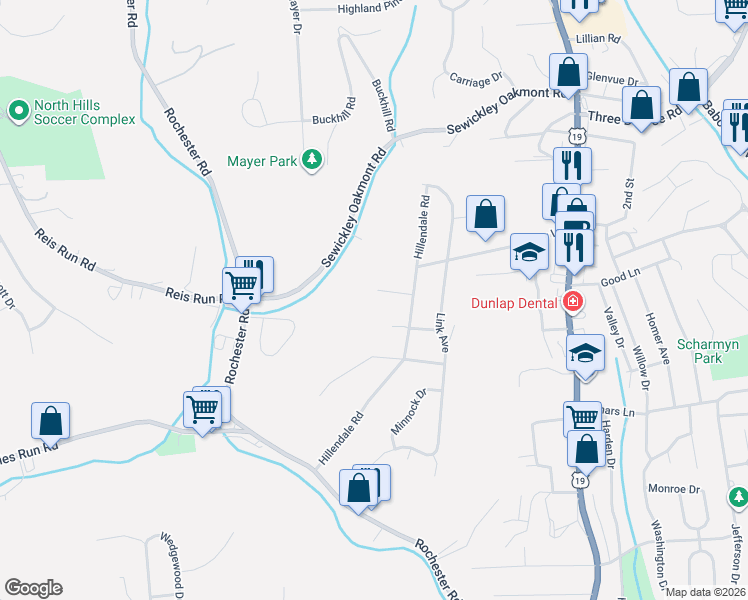 map of restaurants, bars, coffee shops, grocery stores, and more near 107 Ridgeside Road in Pittsburgh