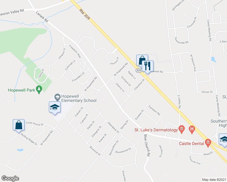 map of restaurants, bars, coffee shops, grocery stores, and more near 4805 Lanark Rd in Center Valley