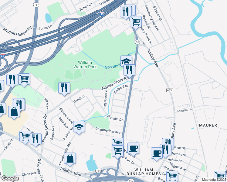 map of restaurants, bars, coffee shops, grocery stores, and more near 1081 Rudyard Drive in Perth Amboy