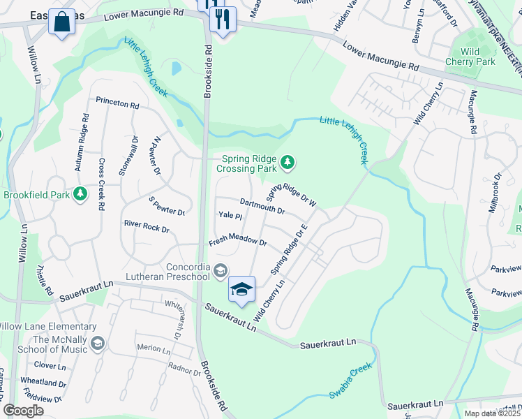 map of restaurants, bars, coffee shops, grocery stores, and more near 5550 Spring Ridge Drive West in Macungie