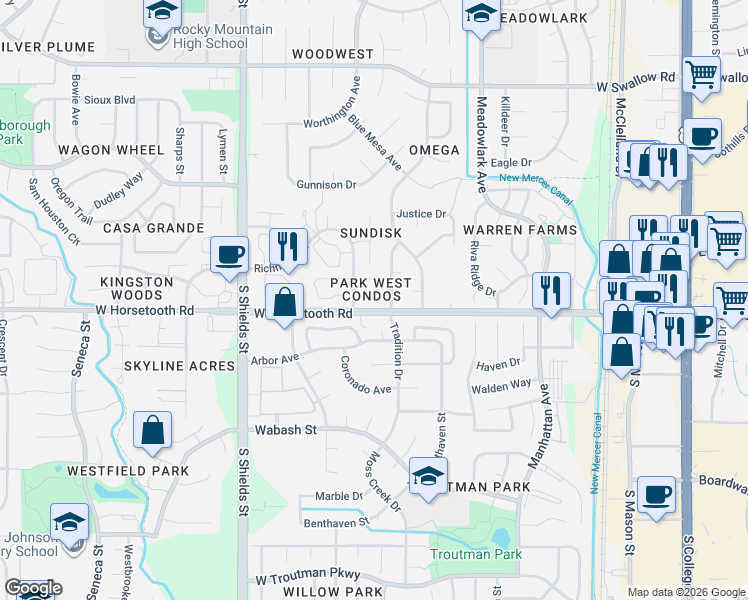 map of restaurants, bars, coffee shops, grocery stores, and more near 3555 Tradition Drive in Fort Collins