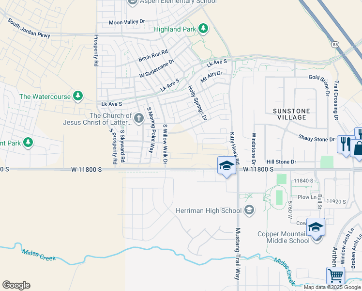 map of restaurants, bars, coffee shops, grocery stores, and more near 6177 West Stone Mount Way in South Jordan