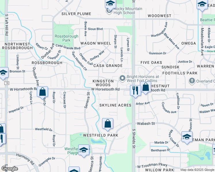 map of restaurants, bars, coffee shops, grocery stores, and more near 1306 Sanford Drive in Fort Collins