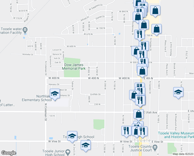 map of restaurants, bars, coffee shops, grocery stores, and more near 401 North 250 West in Tooele