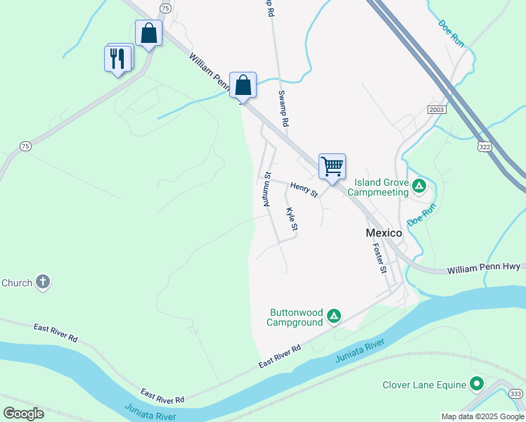 map of restaurants, bars, coffee shops, grocery stores, and more near 234 Autumn Street in Mifflintown