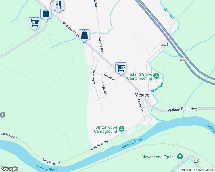map of restaurants, bars, coffee shops, grocery stores, and more near 101 Kyle Street in Mifflintown