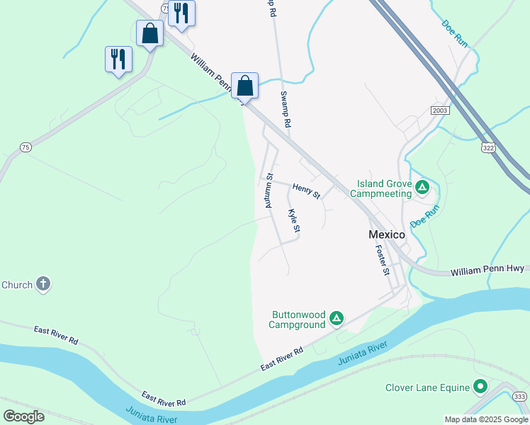 map of restaurants, bars, coffee shops, grocery stores, and more near 234 Autumn Street in Mifflintown