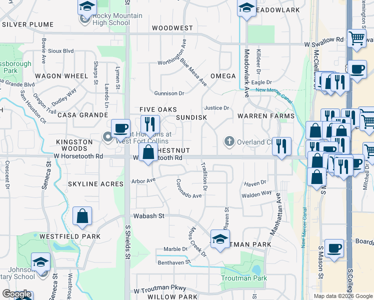map of restaurants, bars, coffee shops, grocery stores, and more near 3440 Windmill Drive in Fort Collins