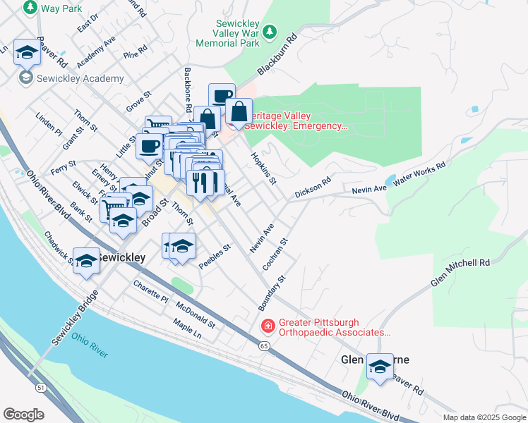 map of restaurants, bars, coffee shops, grocery stores, and more near 807 Hill Street in Sewickley