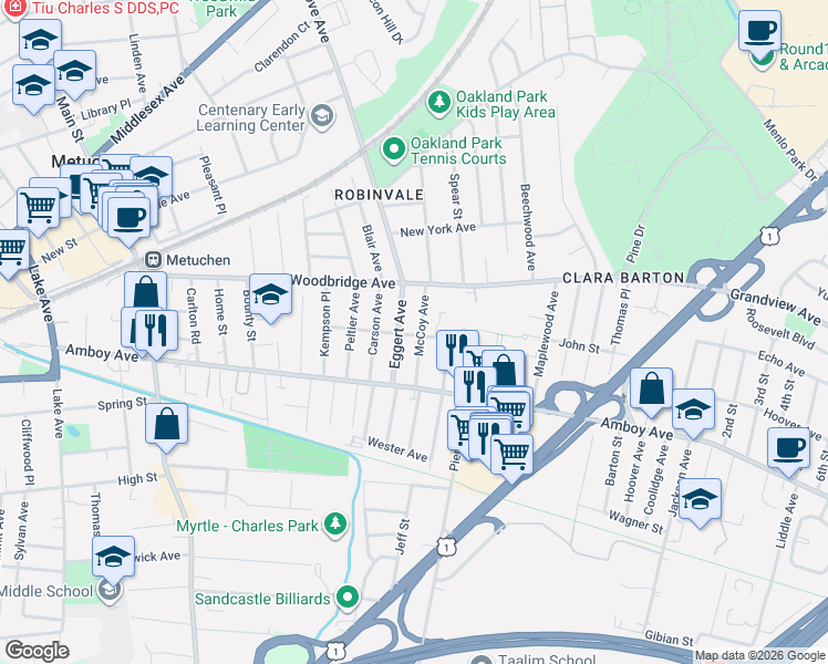 map of restaurants, bars, coffee shops, grocery stores, and more near 51 McCoy Avenue in Metuchen