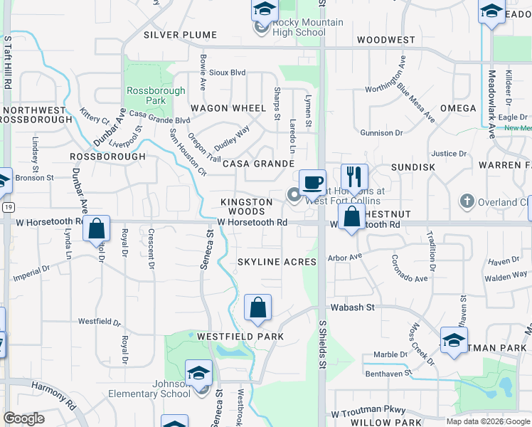 map of restaurants, bars, coffee shops, grocery stores, and more near 3500 Patterson Court in Fort Collins