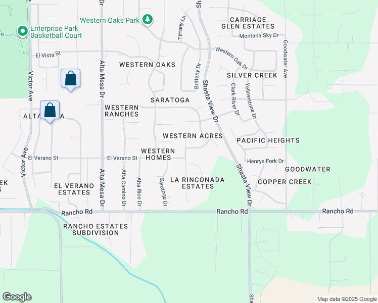 map of restaurants, bars, coffee shops, grocery stores, and more near 4654 Saint Charles Drive in Redding