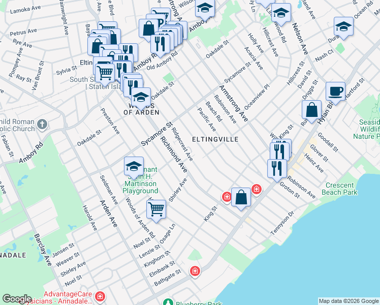 map of restaurants, bars, coffee shops, grocery stores, and more near 209 Ridgecrest Avenue in Staten Island