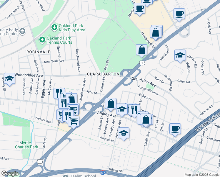 map of restaurants, bars, coffee shops, grocery stores, and more near 1 Garfield Park in Edison