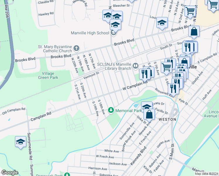 map of restaurants, bars, coffee shops, grocery stores, and more near 129 South 16th Avenue in Manville