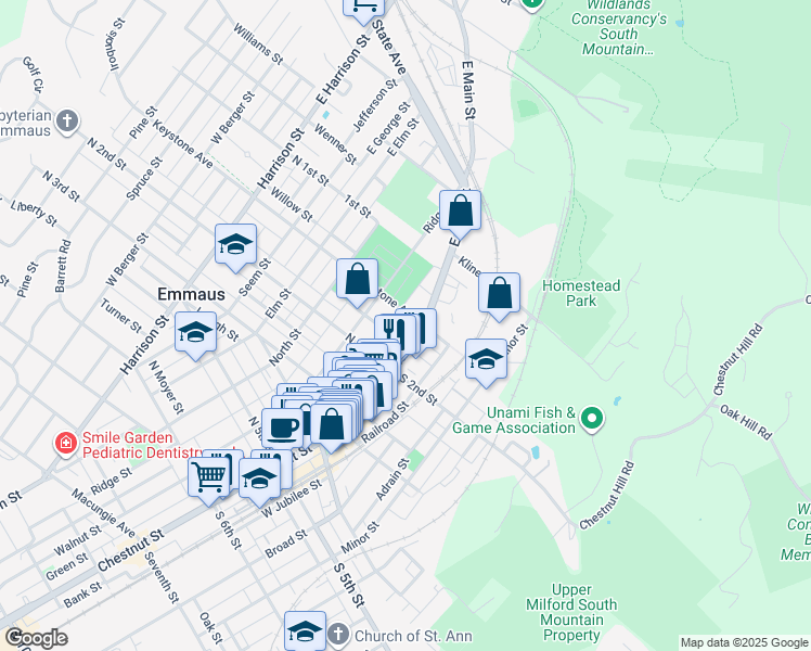 map of restaurants, bars, coffee shops, grocery stores, and more near 32 Keystone Avenue in Emmaus