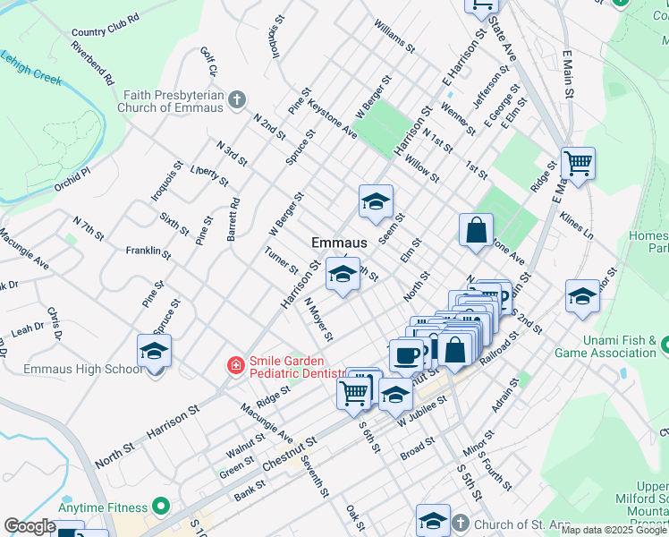 map of restaurants, bars, coffee shops, grocery stores, and more near in Emmaus