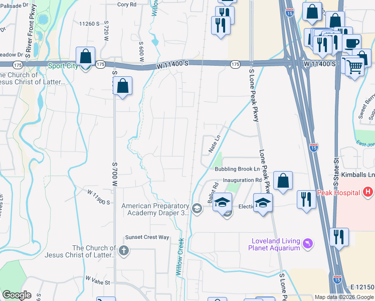 map of restaurants, bars, coffee shops, grocery stores, and more near 11711 South Halls Creek Road in Draper