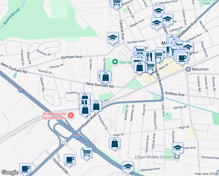 map of restaurants, bars, coffee shops, grocery stores, and more near 540 New Durham Road in Metuchen