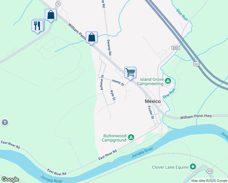map of restaurants, bars, coffee shops, grocery stores, and more near 101 Kyle Street in Mifflintown