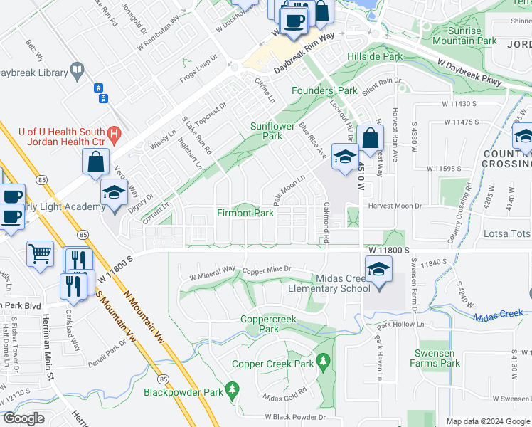 map of restaurants, bars, coffee shops, grocery stores, and more near 11709 Copper Sky Drive in South Jordan