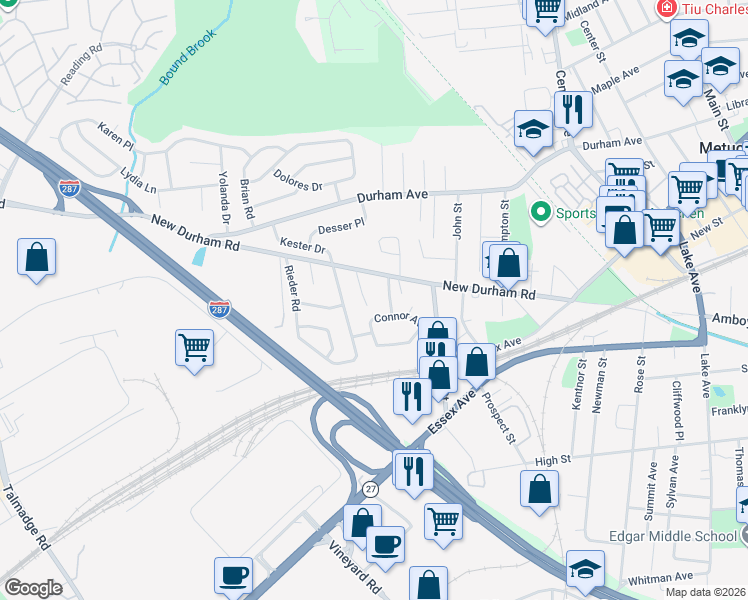 map of restaurants, bars, coffee shops, grocery stores, and more near 24 Renninger Road in Metuchen