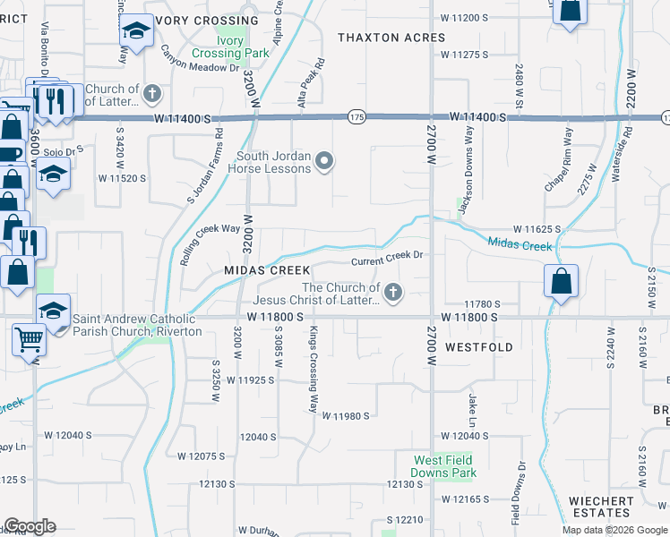 map of restaurants, bars, coffee shops, grocery stores, and more near 2943 Current Creek Drive in South Jordan