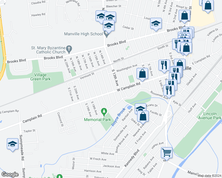 map of restaurants, bars, coffee shops, grocery stores, and more near 158 South 14th Avenue in Manville
