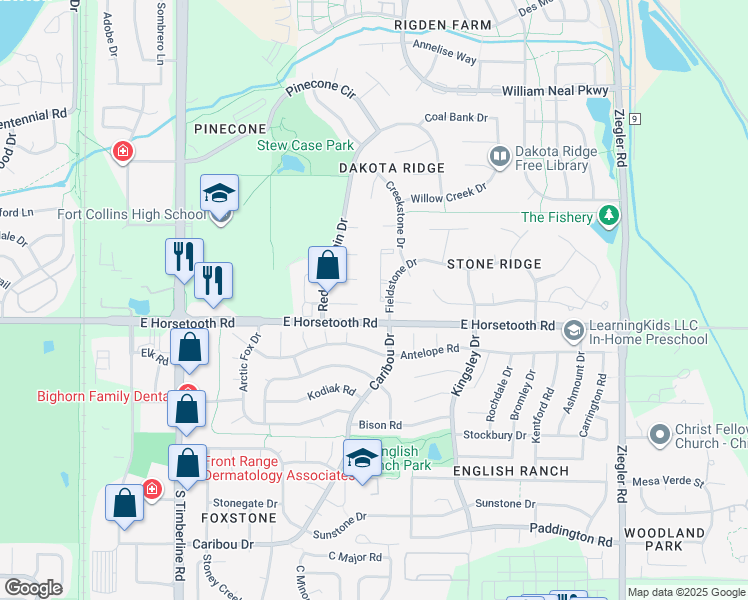 map of restaurants, bars, coffee shops, grocery stores, and more near 2431 Cucharas Court in Fort Collins