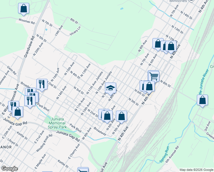 map of restaurants, bars, coffee shops, grocery stores, and more near 416-498 North 10th Avenue Juniata in Altoona